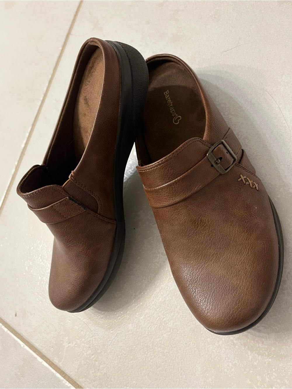 BareTraps Brown Leather Slip-On Clog with Buckle Accent